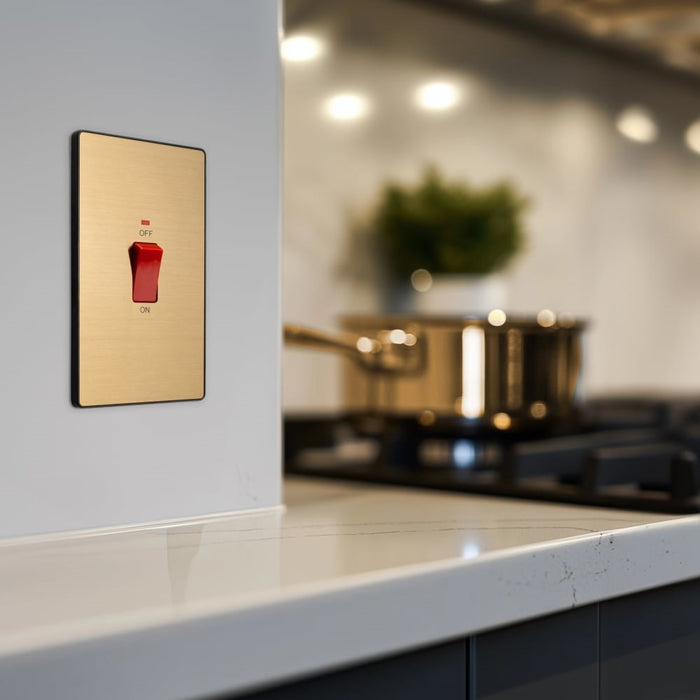 BG Evolve Satin Brass 45A double pole switch with LED PCDSB72B