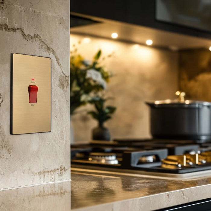 BG Evolve Satin Brass 45A double pole switch with LED PCDSB72B