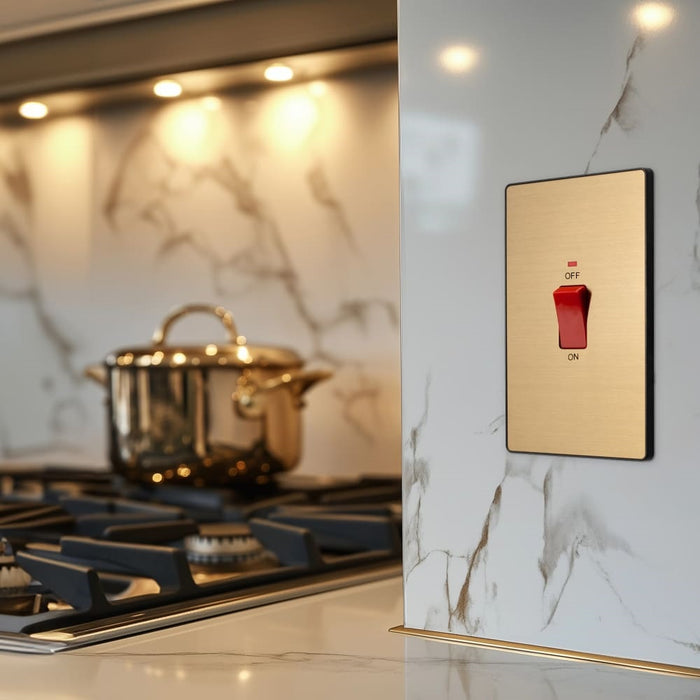 BG Evolve Satin Brass 45A double pole switch with LED PCDSB72B