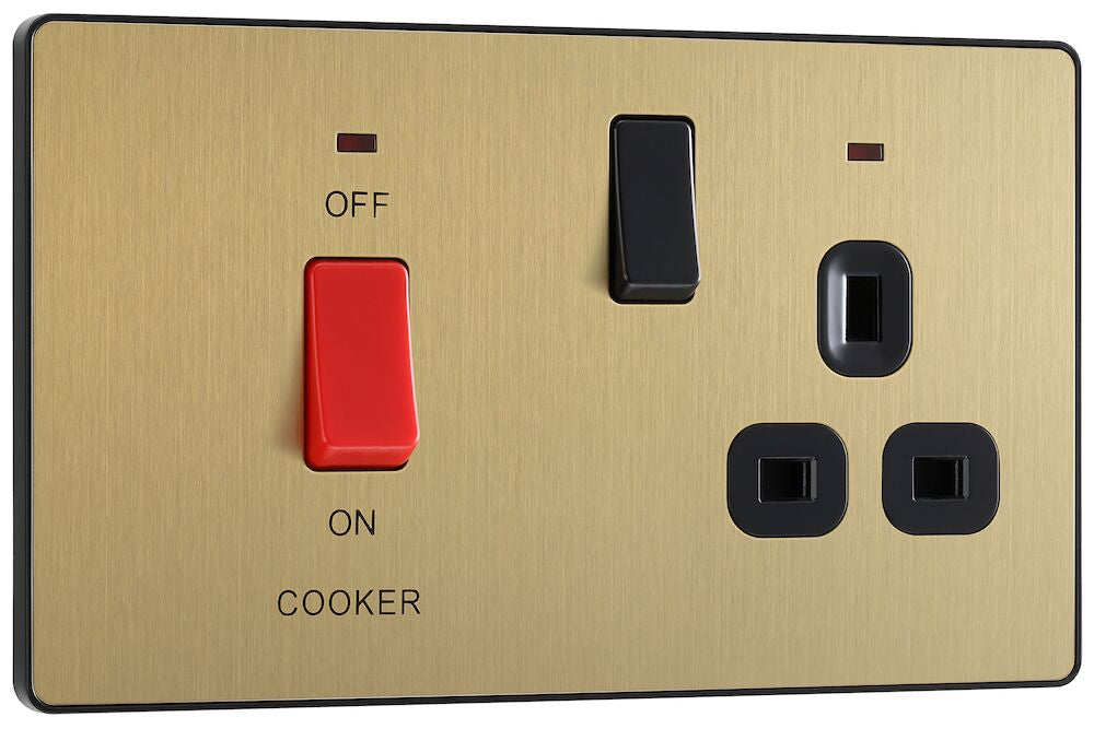 BG Evolve Satin Brass 45A Cooker Switch with double pole switch and LED ...