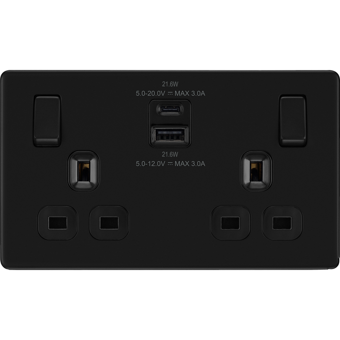 BG Flatplate Screwless Matt Black 13A Double USB Socket with 22W A+C ...