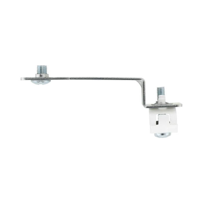 Metal shower head with adjustable arm on a white background