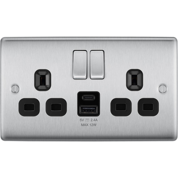 BG Nexus Metal Brushed Steel 13A Double USB Socket with 12W A+C Ports ...