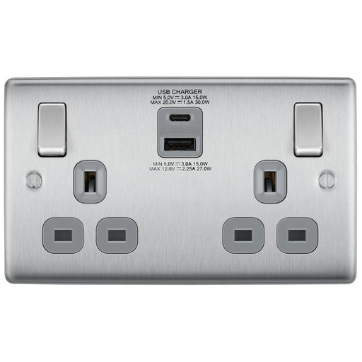 BG Nexus Metal Brushed Steel 13A Double USB Socket with A+C Ports NBS22UAC45G Available from RS Electrical Supplies