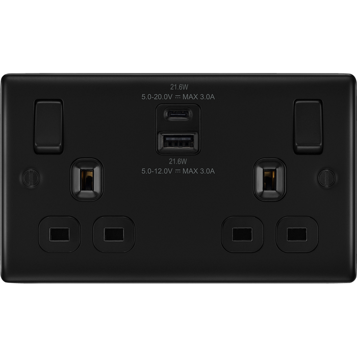 BG Nexus Metal Matt Black 13A Double USB Socket with 22W A+C ...