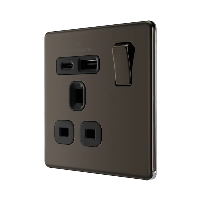 BG Nexus Screwless black nickle 13A single USB socket featuring one USB type C and one USB type A socket