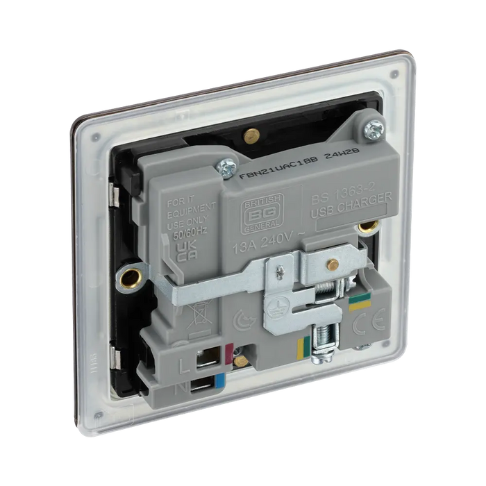 BG Nexus Screwless black nickle 13A single USB socket featuring one USB type C and one USB type A socket