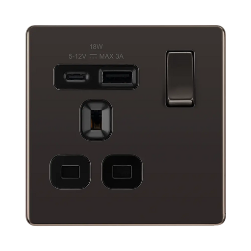 BG Nexus Screwless black nickle 13A single USB socket featuring one USB type C and one USB type A socket