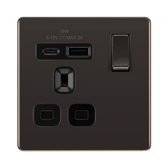 BG Nexus Screwless black nickle 13A single USB socket featuring one USB type C and one USB type A socket