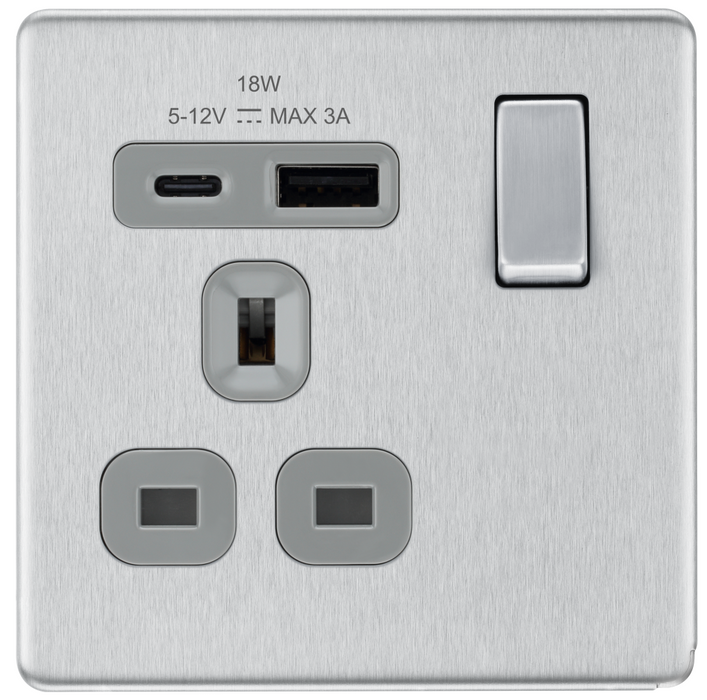 BG Nexus Screwless Brushed Steel 13A Single USB A+C Socket FBS21UAC18G available from RS Electrical Supplies