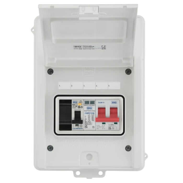 BG Circuit Protection 5 Module Enclosure 100A Main Switch 40A 30mA Double Pole RCBO Type 2 SPD + 1 Spare Way White CFEV5RDAW