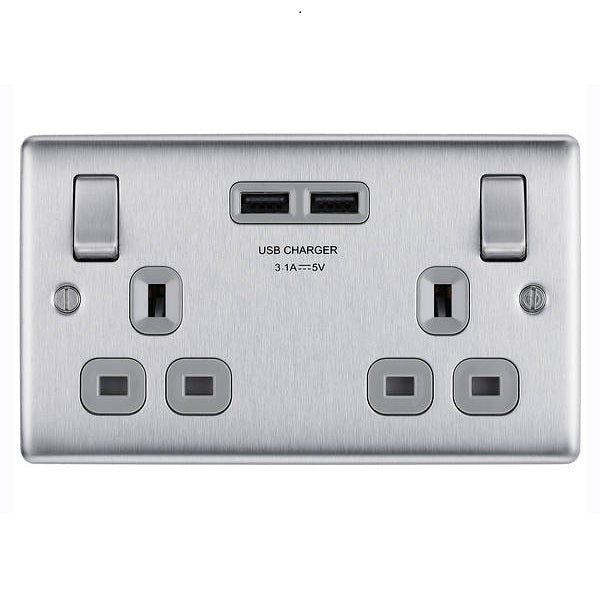 BG Nexus Metal Brushed Steel 13A Double USB Socket NBS22U3G