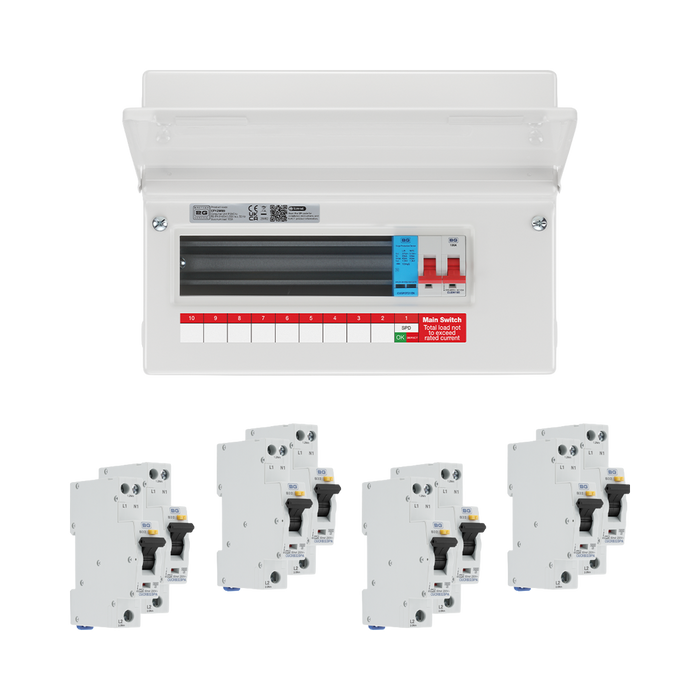 BG Circuit Protection 9 Way 100A Main Switch Consumer Unit SPD and RCBOs — consumer unit and RCBO bundle