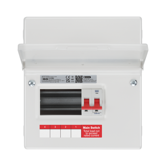 BG Circuit Protection 4 Way 100A Main Switch Consumer Unit CF6M4