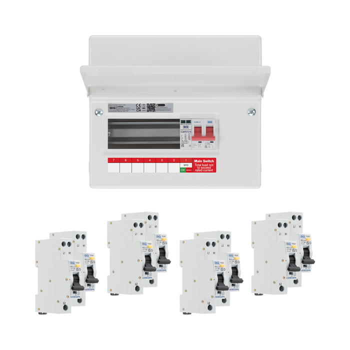 BG Circuit Protection 6 Way 100A Main Switch Consumer Unit SPD and RCBOs