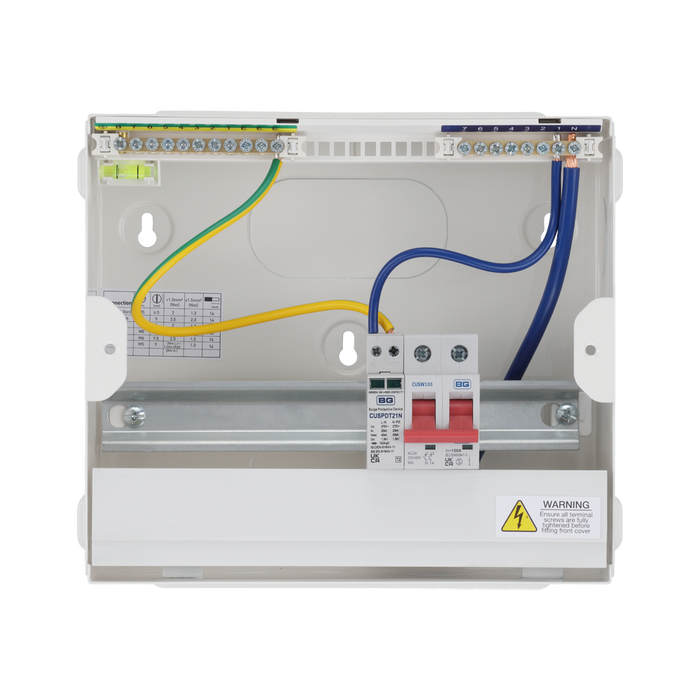 BG Circuit Protection 6 Way 100A Main Switch Consumer Unit SPD and RCBOs