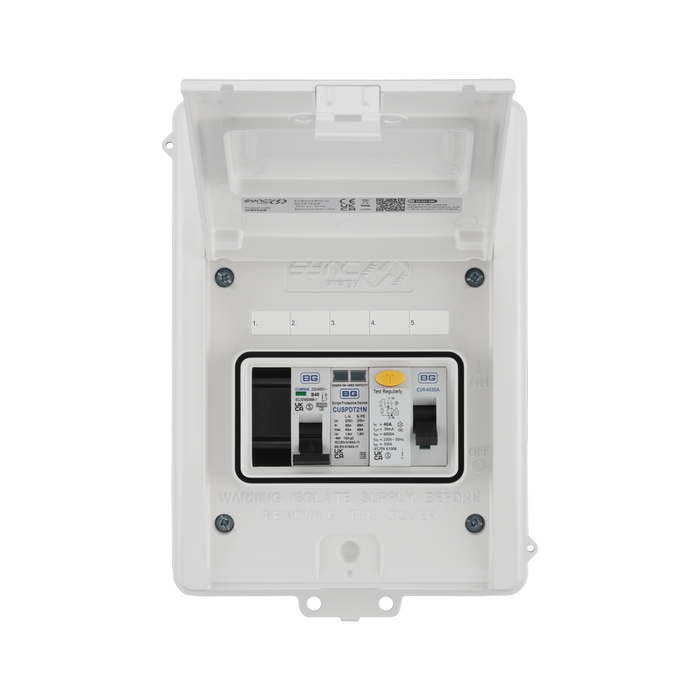 Sync Energy 5 Module Enclosure 40A 30mA RCD 40A MCB Type 2 SPD + 1 Spare Way White CFEV5AW