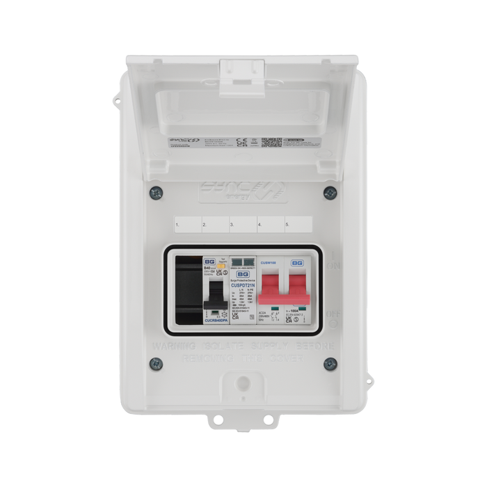 Sync Energy 5 Module Enclosure 100A Main Switch 40A 30mA Double Pole RCBO Type 2 SPD + 1 Spare Way White CFEV5RDAW