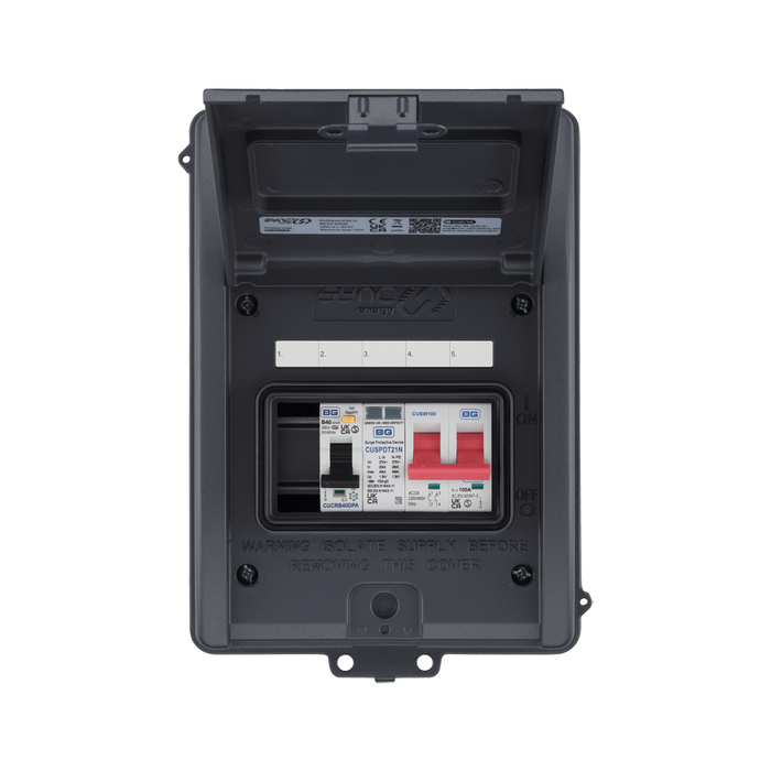 Sync Energy 5 Module Enclosure 100A Main Switch 40A 30mA Double Pole RCBO Type 2 SPD + 1 Spare Way Grey CFEV5RDA