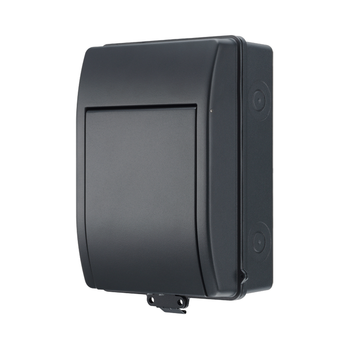 BG Electrical CFO5HP1G 32A heat-pump consumer unit in anthracite grey — angled view with cover closed