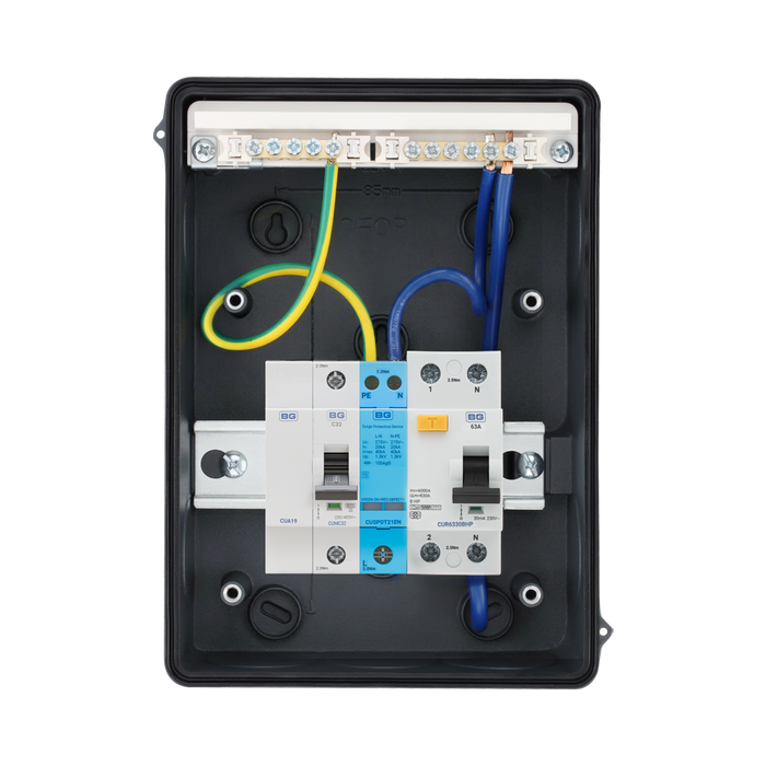 BG Electrical CFO5HP1G 32A heat-pump consumer unit in anthracite grey — internal protective devices and terminals