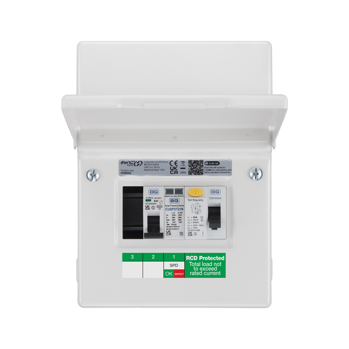 Sync Energy 5 Module Enclosure 40A 30mA RCD 40A MCB Type 2 SPD + 1 Spare Way CFUEV5A