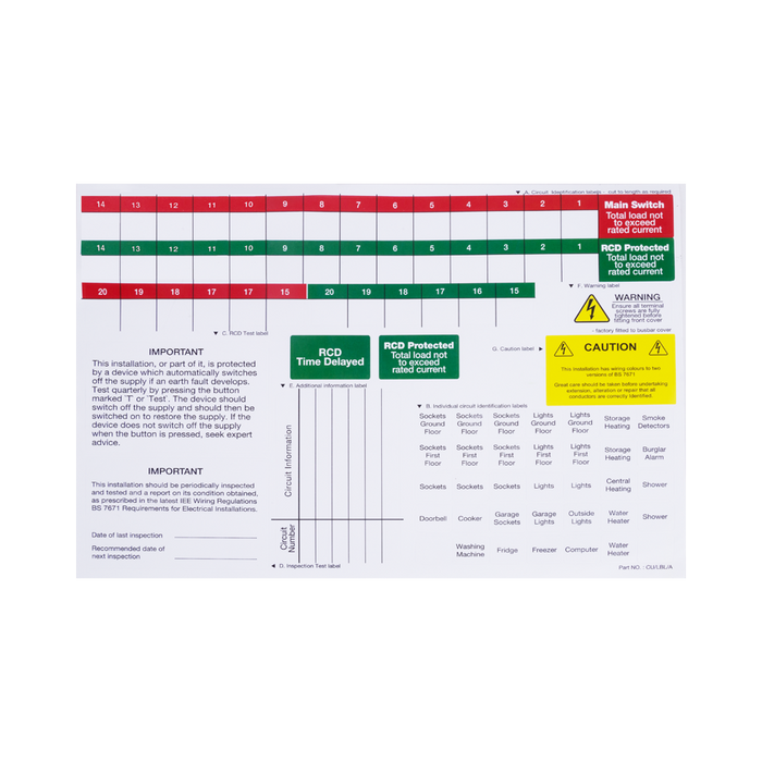 BG Circuit Protection Spare Consumer Unit Label Sheets CUA11
