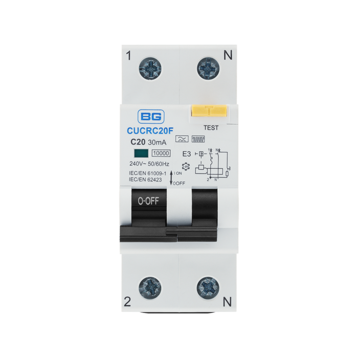 BG Circuit Protection Type F Double Pole C Curve RCBO 20A CUCRC20F