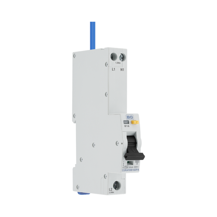 BG Circuit Protection Double Pole AFDD Device 16A B Curve CURAFDB16DPA — angled view with switch down