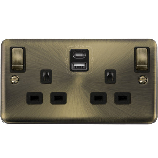 antique brass double socket with black inserts, a and c usb ports