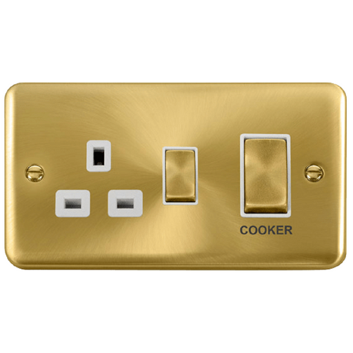 Click Deco Plus Satin Brass 45A Cooker Switch with 13A Socket DPSB504WH available from RS Electrical Supplies