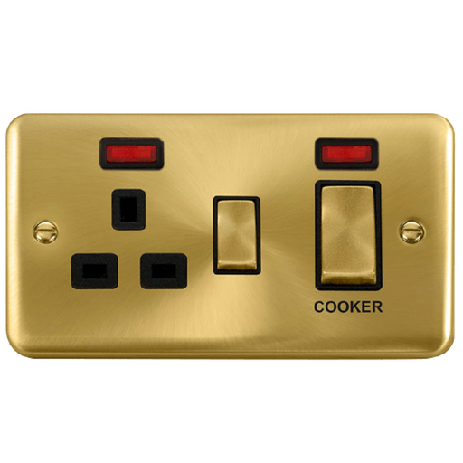 Click Deco Plus Satin Brass 45A Cooker Switch with 13A Socket DPSB505BK available from RS Electrical Supplies