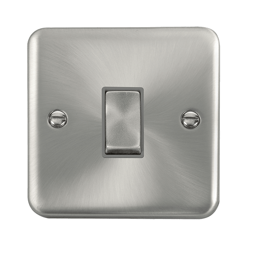 A satin chrome intermediate switch from the Click Deco Plus range, finished in silver with a raised design and smooth, rounded edges.