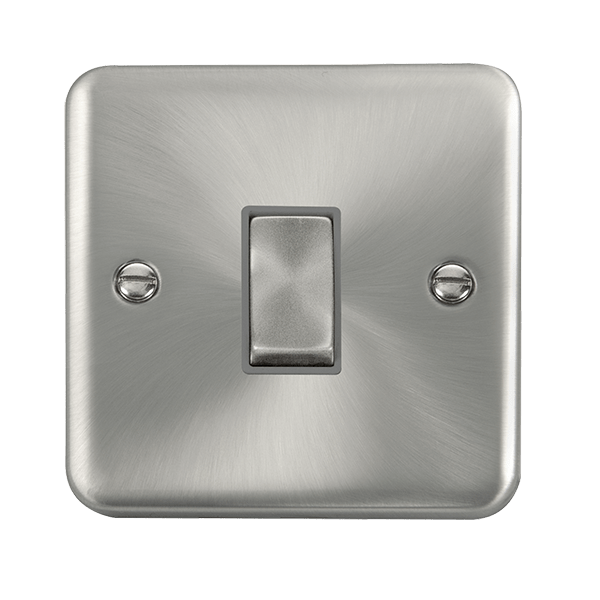 A satin chrome intermediate switch from the Click Deco Plus range, finished in silver with a raised design and smooth, rounded edges.
