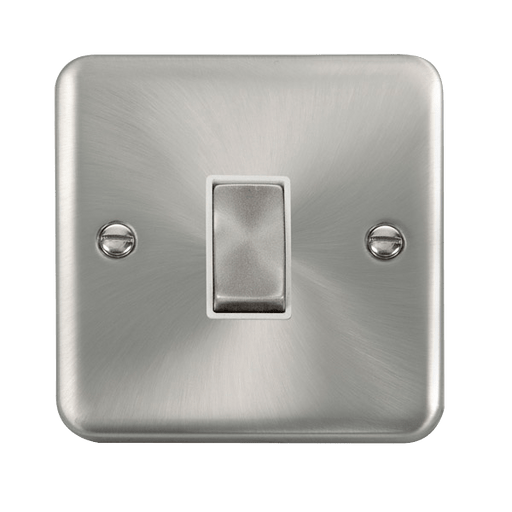 A satin chrome intermediate switch from the Click Deco Plus range, finished in silver with a raised design and smooth, rounded edges.