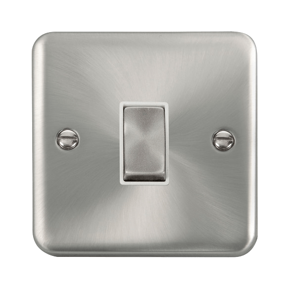 A satin chrome intermediate switch from the Click Deco Plus range, finished in silver with a raised design and smooth, rounded edges.