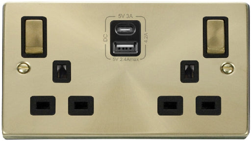 Click-Deco-Satin-Brass-13A-Double-A+C-USB-Socket-VPSB586BK-Available-from-RS-Electrical-Supplies