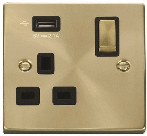 Click-Deco-Satin-Brass-13A-Single-USB-Socket-VPSB571UBK-Available-from-RS-Electrical-Supplies