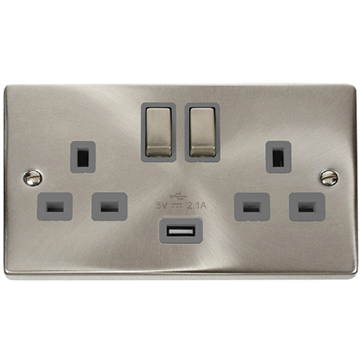 Click Deco Satin Chrome 13A Double Socket USB VPSC570GY Available from RS Electrical Supplies