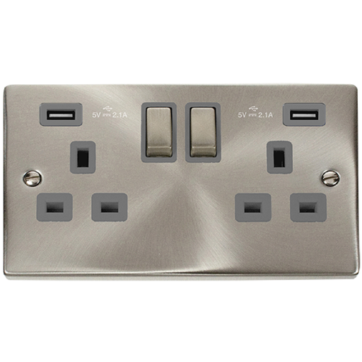Click Deco Satin Chrome 13A Double USB Socket VPSC580GY Available from RS Electrical Supplies