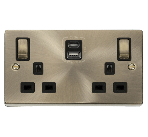 Click Deco Antique Brass 13A Double A+C USB Socket VPAB586BK Available from RS Electrical Supplies