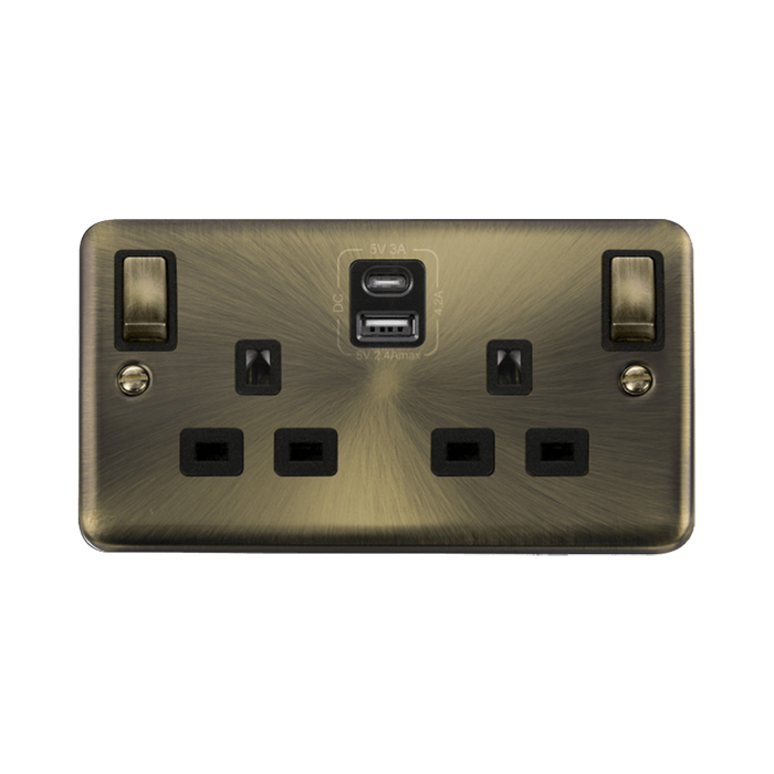 Click Deco Plus Antique Brass 13A Double A+C USB Socket DPAB586BK
