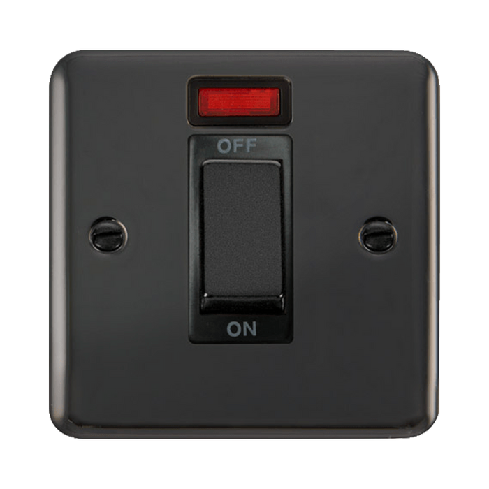 Front view of Click Deco Plus Black Nickel 45A Cooker Switch with Neon