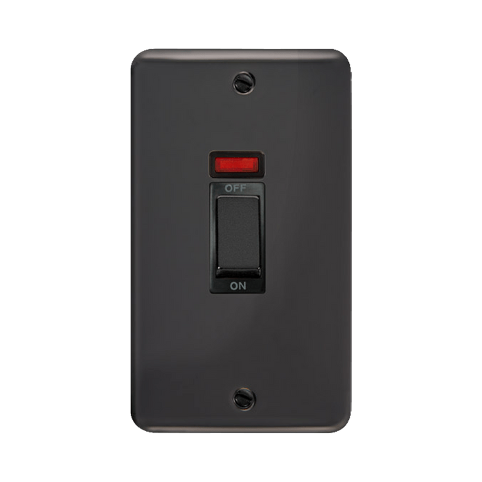 Front view of Click Deco Plus Black Nickel 45A Cooker Switch with Neon