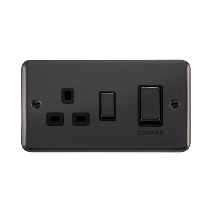 Front view of Click Deco Plus Black Nickel 45A Cooker Switch with 13A Socket