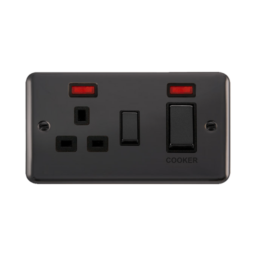 Front view of Click Deco Plus Black Nickel 45A Cooker Switch with 13A Socket
