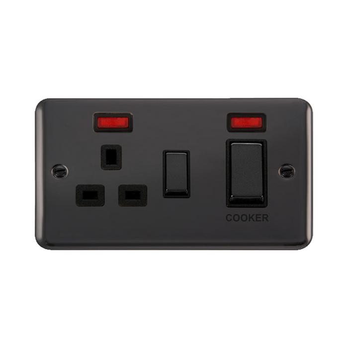 Front view of Click Deco Plus Black Nickel 45A Cooker Switch with 13A Socket