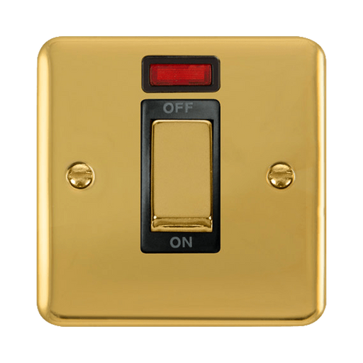 Front view of Click Deco Plus Polished Brass 45A Cooker Switch with Neon