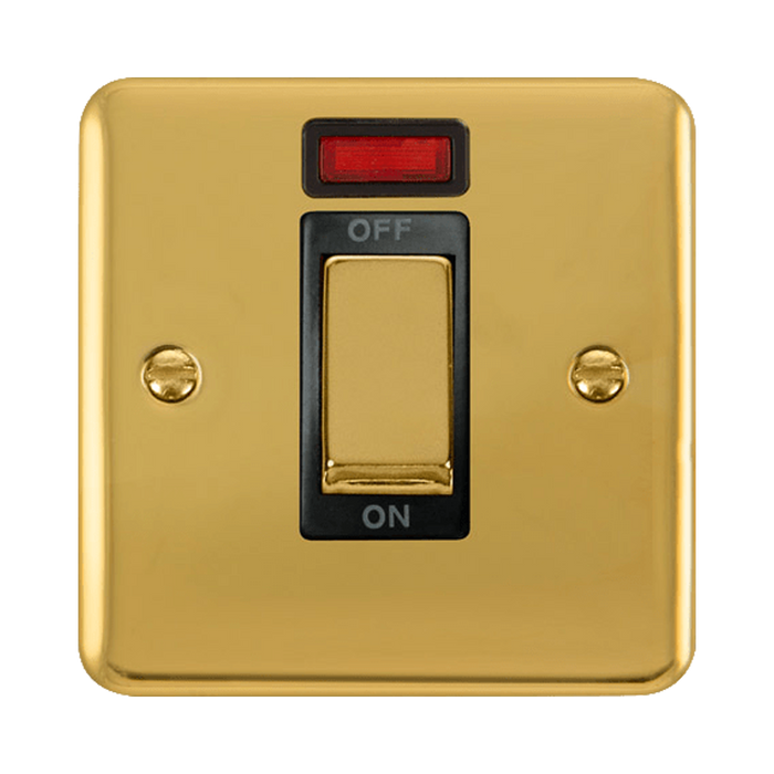Front view of Click Deco Plus Polished Brass 45A Cooker Switch with Neon
