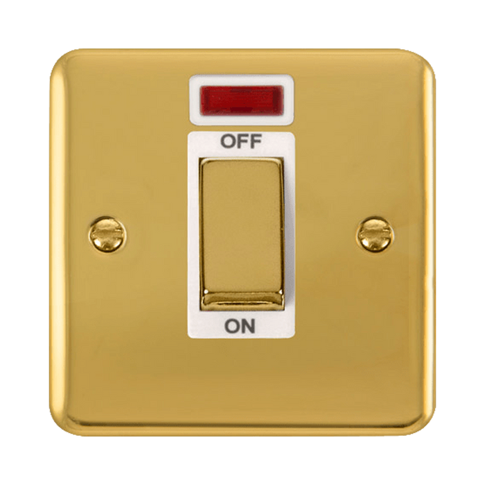 Front view of Click Deco Plus Polished Brass 45A Cooker Switch with Neon
